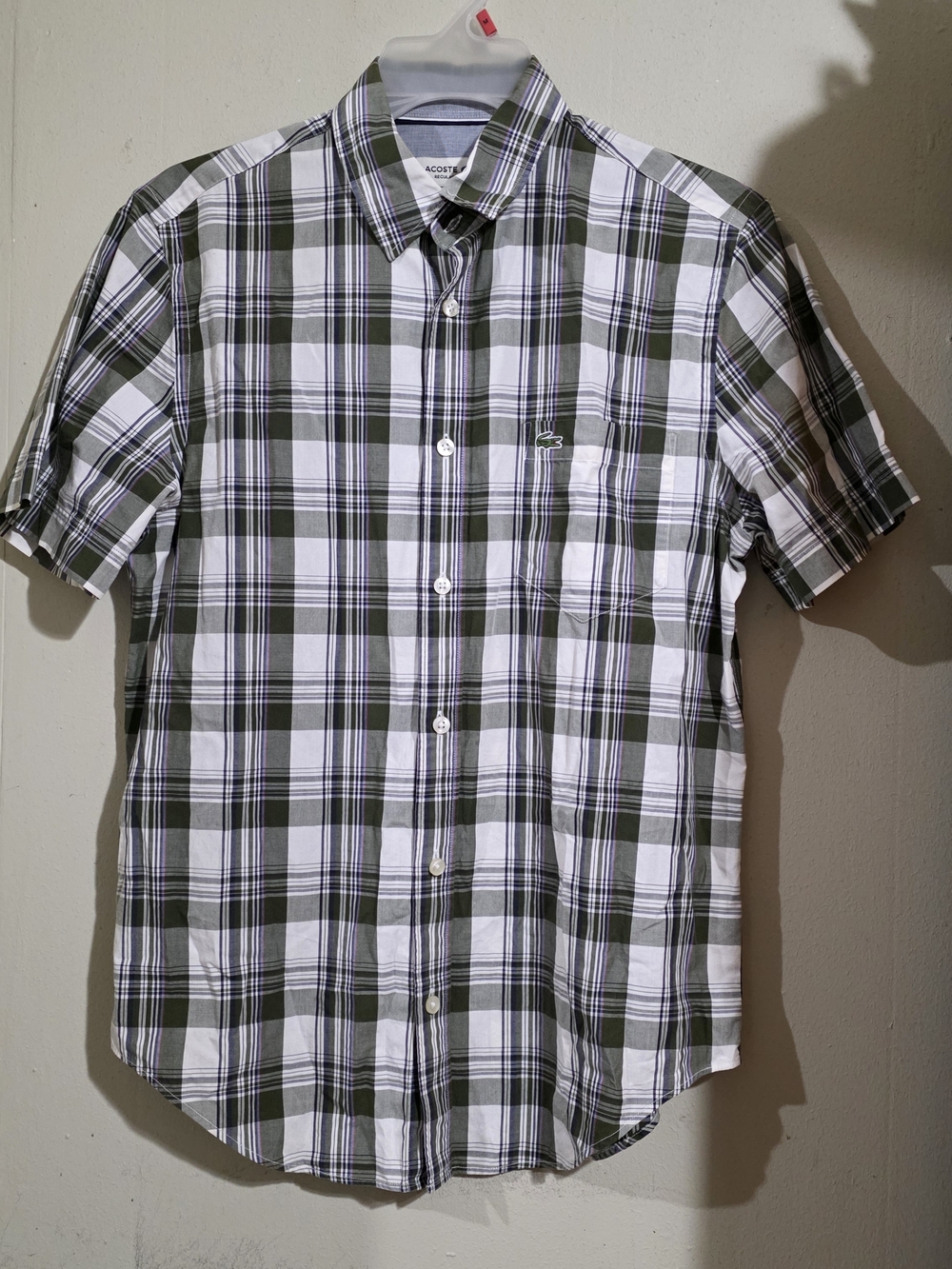 Lacoste Olive & White Plaid Short Sleeve Button-Down Shirt Used Size S